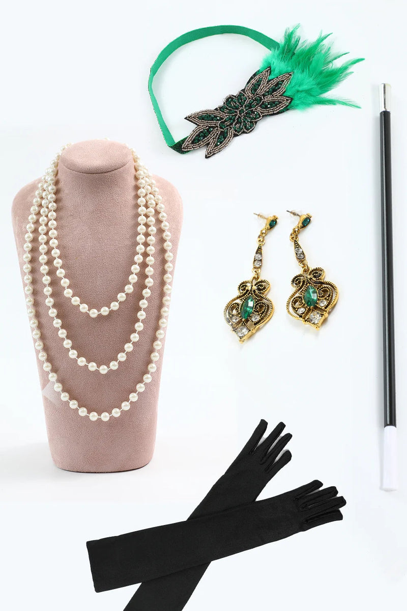 Load image into Gallery viewer, Dark Green Sequined Fringed 1920s Gatsby Dress with Accessories Set