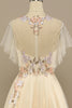 Load image into Gallery viewer, Yellow A Line Tulle Short Sleeves Long Prom Dress With Appliques