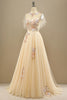 Load image into Gallery viewer, Yellow A Line Tulle Short Sleeves Long Prom Dress With Appliques