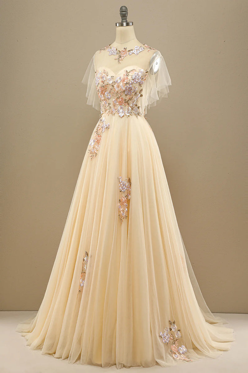 Load image into Gallery viewer, Yellow A Line Tulle Short Sleeves Long Prom Dress With Appliques