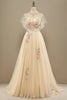 Load image into Gallery viewer, Yellow A Line Tulle Short Sleeves Long Prom Dress With Appliques