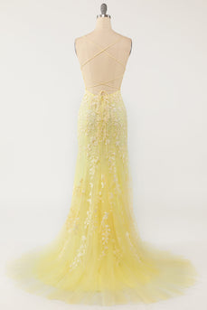 Yellow Mermaid Long Prom Dress with Appliques