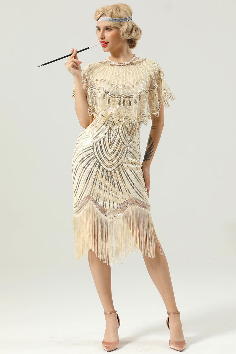 Load image into Gallery viewer, Champagne Sequin Fringe Flapper Dress