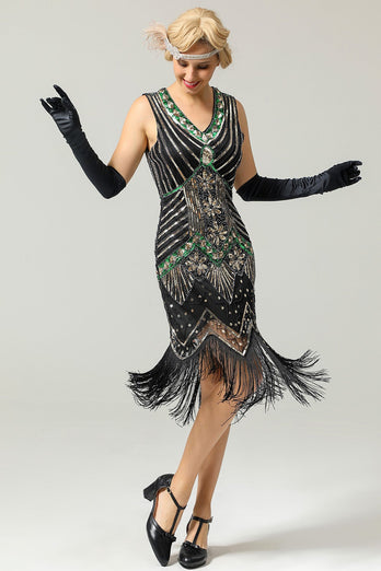 Queendancer Women Sparkly Roaring 20s Dress Black Gold 1920 Dress Sequin Flapper Gatsby Dress with Fringes