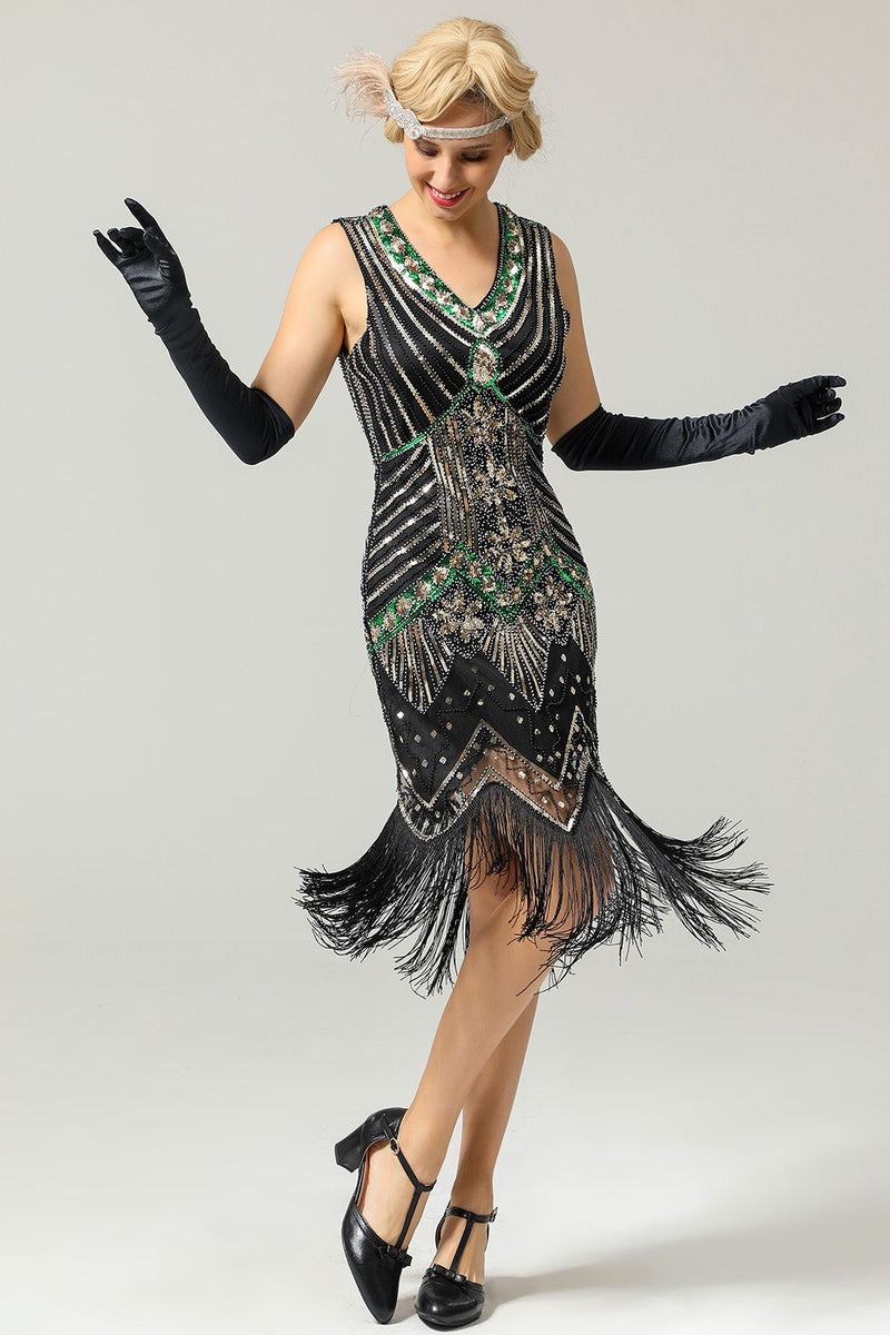 Load image into Gallery viewer, Queendancer Women Sparkly Roaring 20s Dress Black Gold 1920 Dress Sequin Flapper Gatsby Dress with Fringes