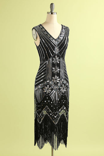 Black and Silver Sequin 1920s Dress