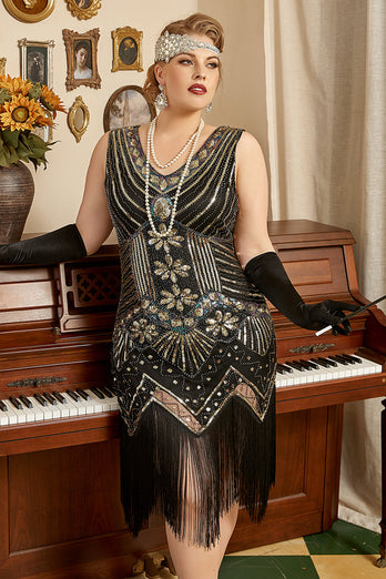 Queendancer Women 1920s Plus Size Dress Black V-Neck Beaded Sequins Gatsby Dress with Fringes