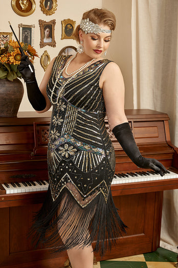 Sparkly Black 1920s Plus Size Beaded Sequins Flapper Dress