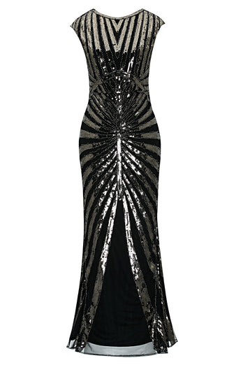 Black and Champagne Sequined Formal Dress