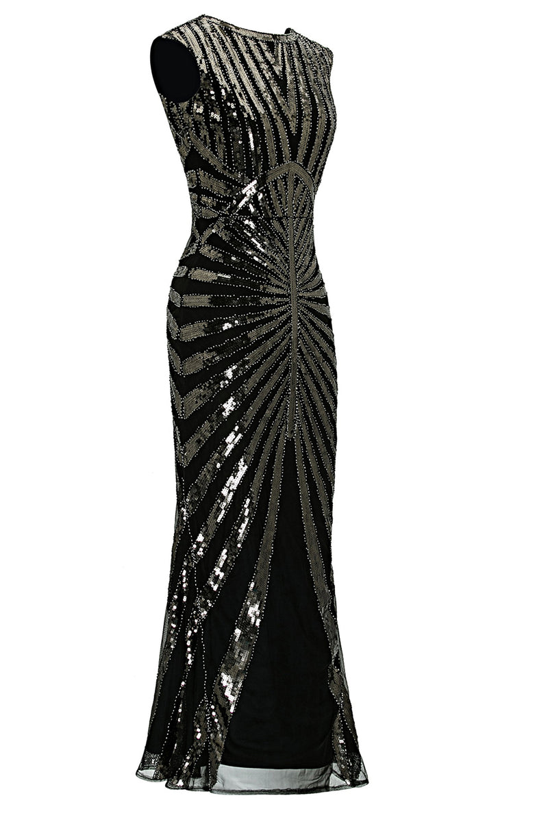 Women Long 1920s Dress Mermaid Black Boat Neck Sequin Gatsby Flapper ...