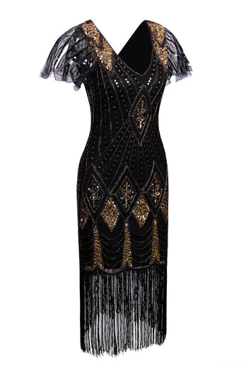 Black Sequin Midi Fringe Sequin Dress