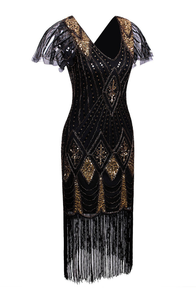 Load image into Gallery viewer, Black Sequin Midi Fringe Sequin Dress