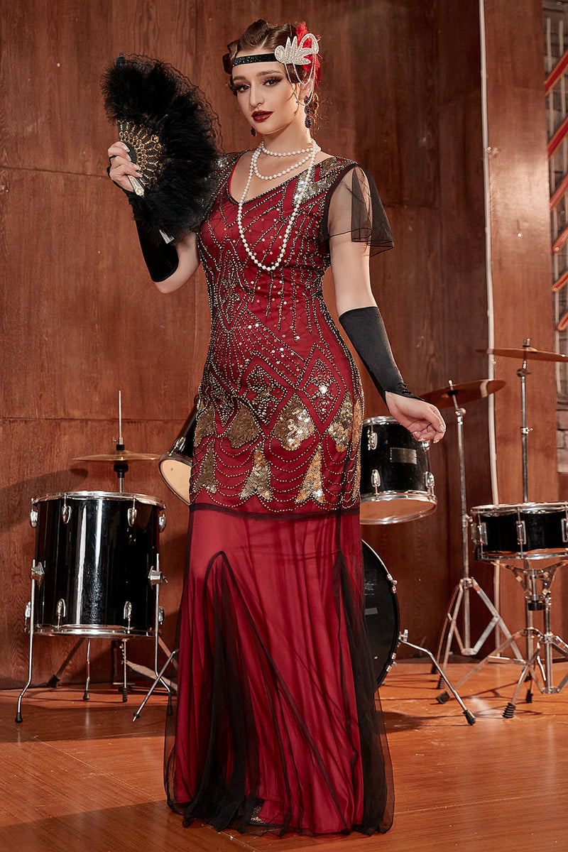 Load image into Gallery viewer, Burgundy Long 1920s Sequins Flapper Formal Dress