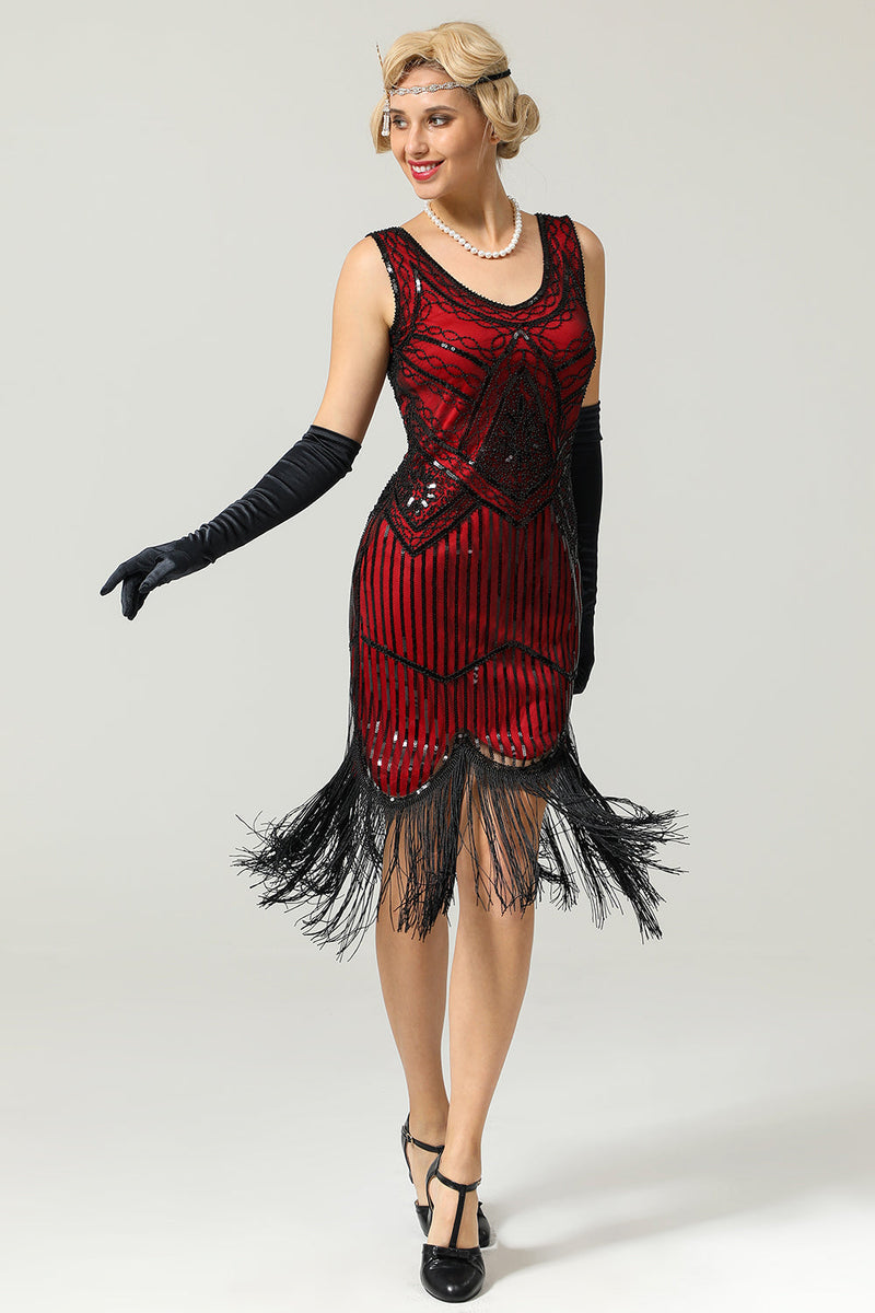 Load image into Gallery viewer, Red and Black Deep V Neck Flapper 1920s Dress