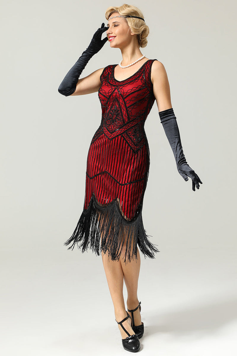 Load image into Gallery viewer, Red and Black Deep V Neck Flapper 1920s Dress