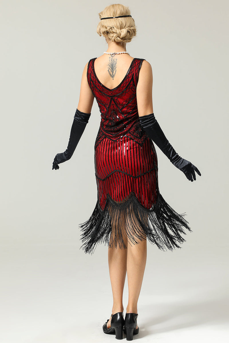 Load image into Gallery viewer, Red and Black Deep V Neck Flapper 1920s Dress