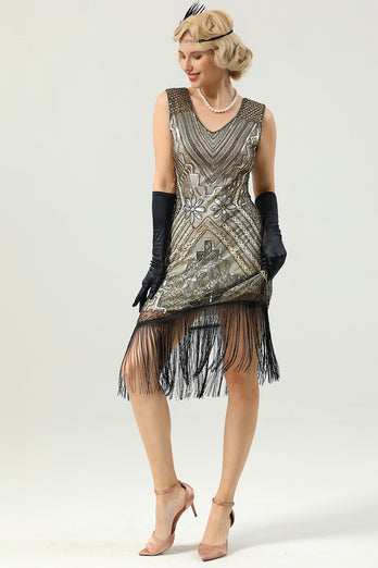 Golden V-neck 1920s Flapper Dress