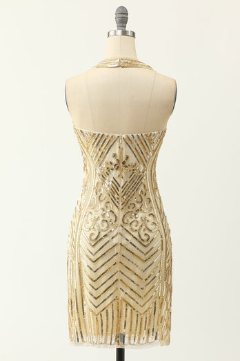 Gold Sequins V Neck Cocktail Party Dress