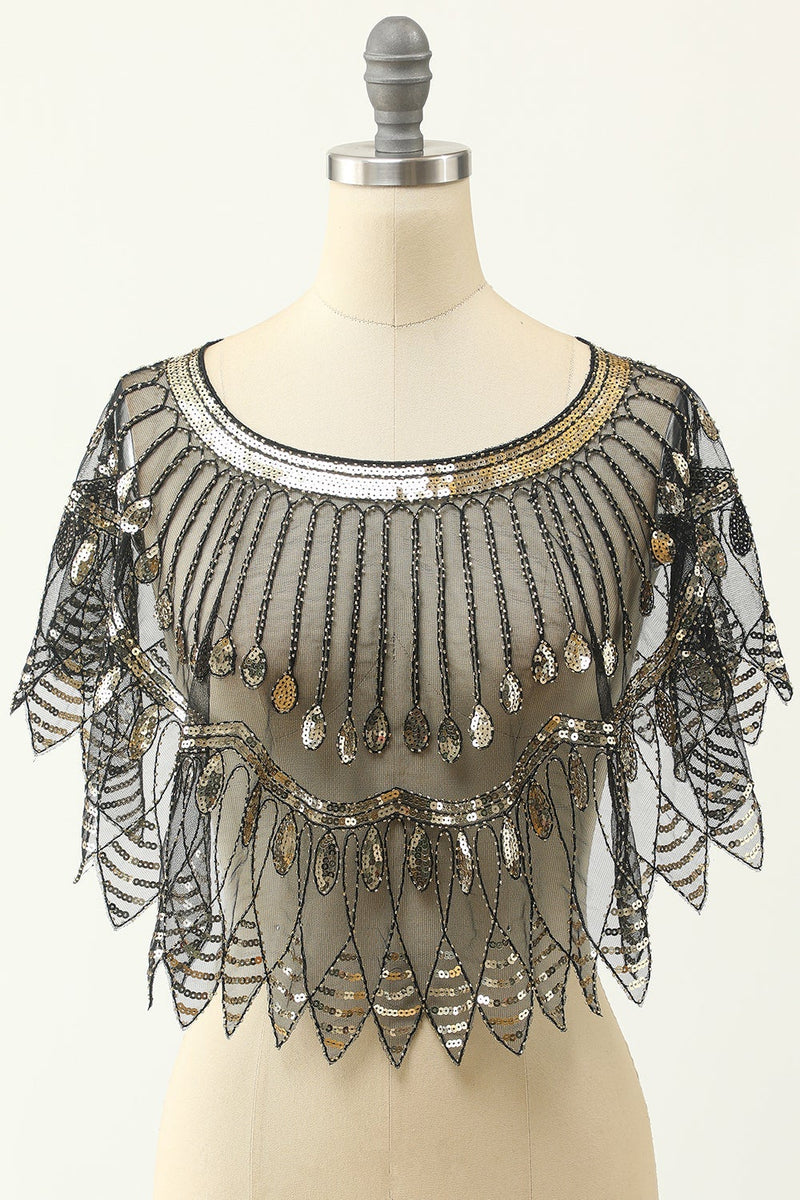 Load image into Gallery viewer, Black and Gold Sequin 1920s Cape