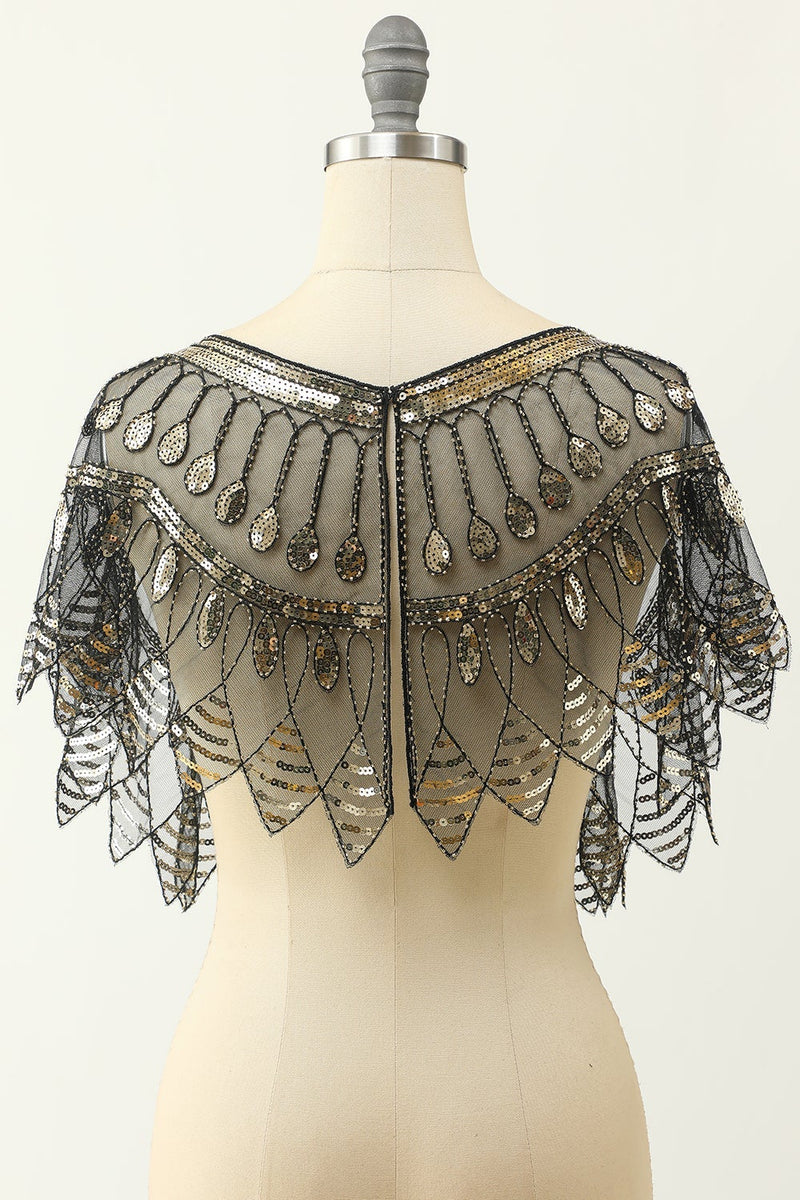 Load image into Gallery viewer, Black and Gold Sequin 1920s Cape