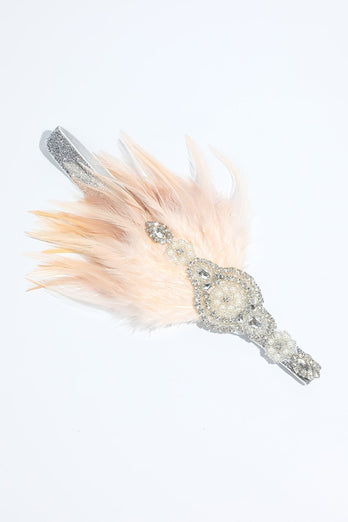 Blush 1920s Beaded Sequin Headband with Feather