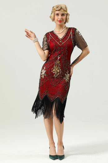 Beaded Red Sequin 1920s Dress with Sleeves