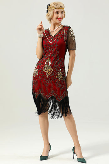 Beaded Red Sequin 1920s Dress with Sleeves