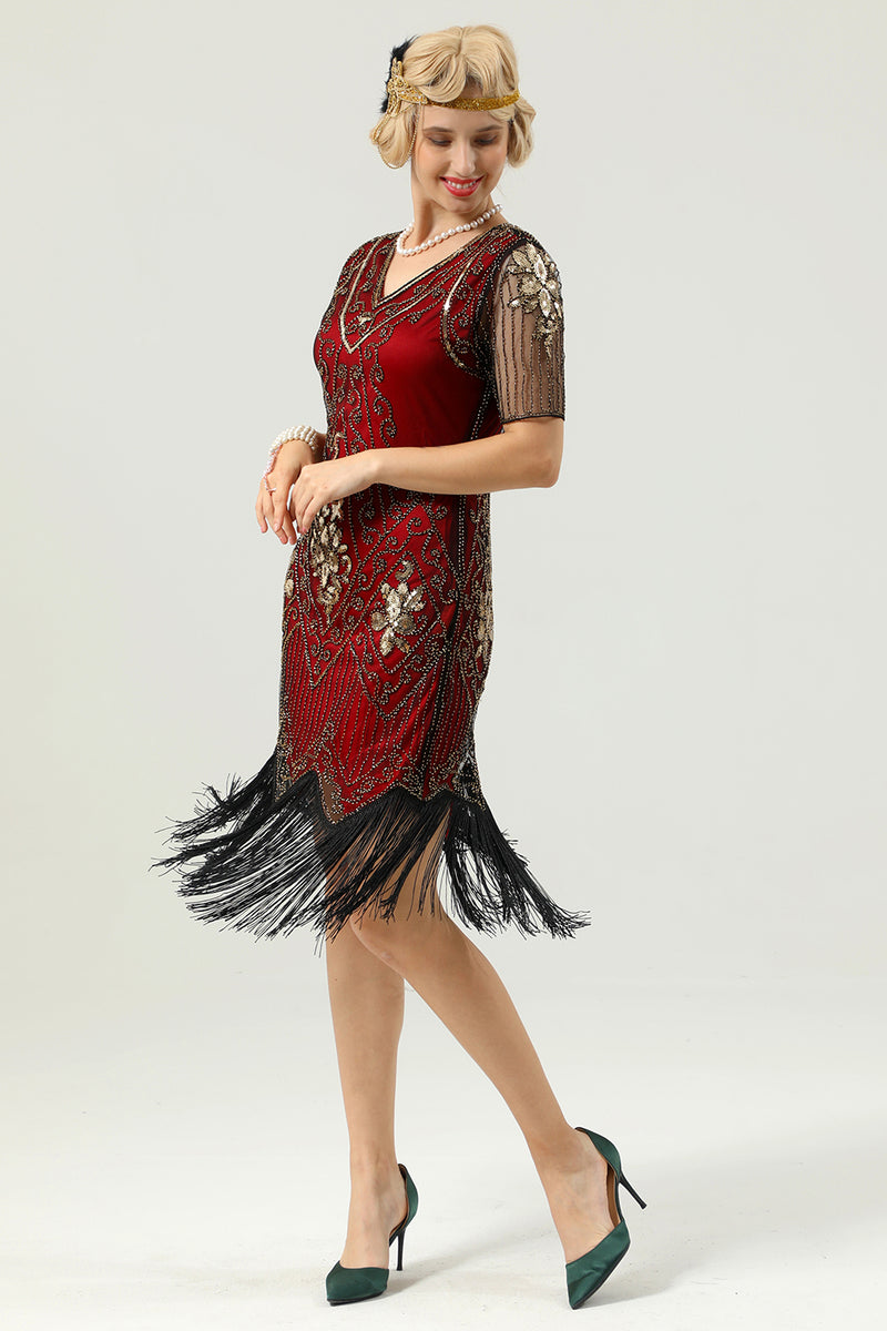 Load image into Gallery viewer, Beaded Red Sequin 1920s Dress with Sleeves