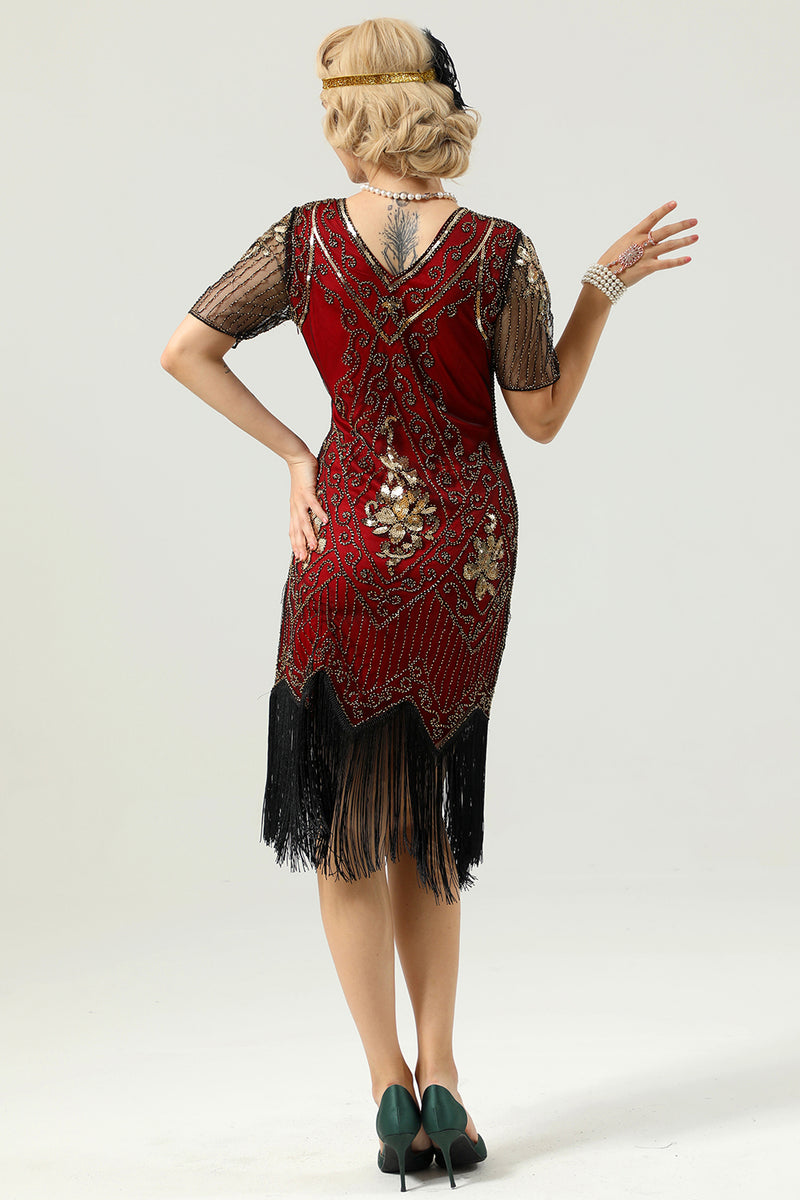 Load image into Gallery viewer, Beaded Red Sequin 1920s Dress with Sleeves