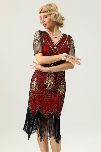 Beaded Red Sequin 1920s Dress with Sleeves