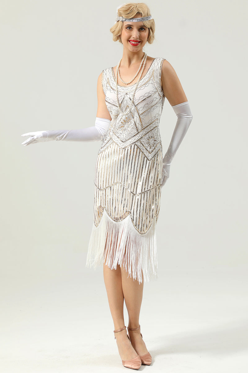 Queendancer Women 1920 Retro Dress White Sequins Fringe Dress – queendancer