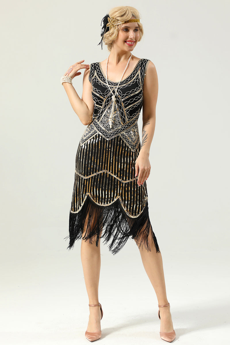 Load image into Gallery viewer, 1920 Retro Black Sequin Fringe Dress