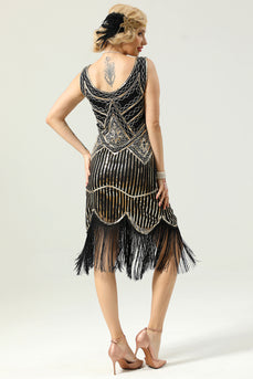 1920 Retro Black Sequin Fringe Dress