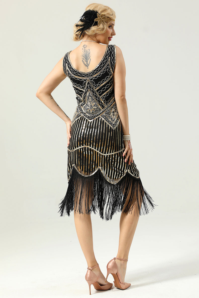 Load image into Gallery viewer, 1920 Retro Black Sequin Fringe Dress