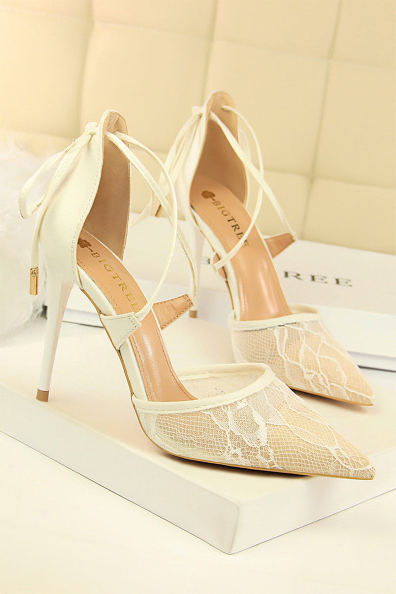 Load image into Gallery viewer, Shallow Pointed Toe Mesh Lace Cross Strap High Heels