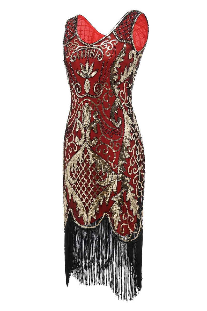 Load image into Gallery viewer, Black Sequins V-Neck Fringe 1920s Dress