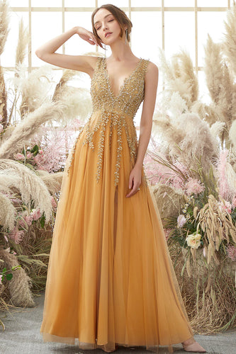 Sparkly Golden A Line Long Prom Dress With Beaded Appliques