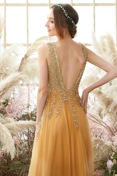 Sparkly Golden A Line Long Prom Dress With Beaded Appliques