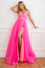 Load image into Gallery viewer, Two Piece Spaghetti Straps Fuchsia Prom Dress with Split Front