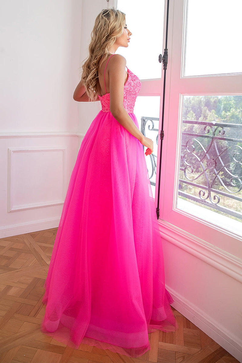 Load image into Gallery viewer, Two Piece Spaghetti Straps Fuchsia Prom Dress with Split Front