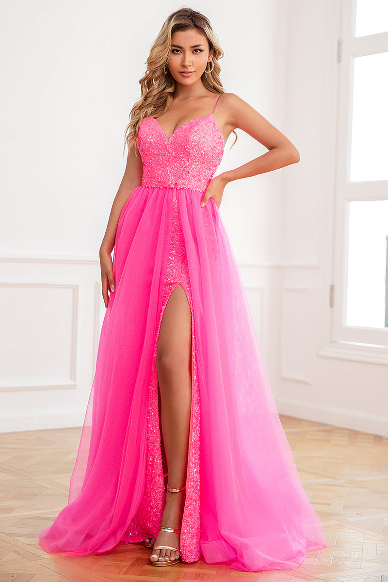 Load image into Gallery viewer, Two Piece Spaghetti Straps Fuchsia Prom Dress with Split Front