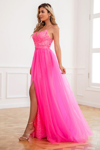 Two Piece Spaghetti Straps Fuchsia Prom Dress with Split Front