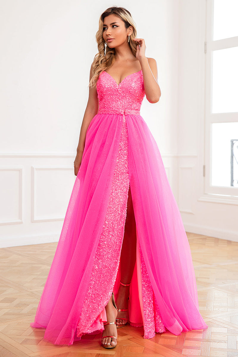 Load image into Gallery viewer, Two Piece Spaghetti Straps Fuchsia Prom Dress with Split Front