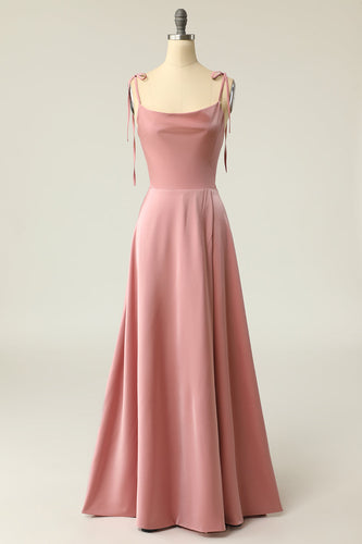 Blush Spaghetti Straps Long Prom Dress with Bowknot