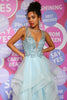 Load image into Gallery viewer, A Line Deep V Neck Light Blue Prom Dress with Appliques