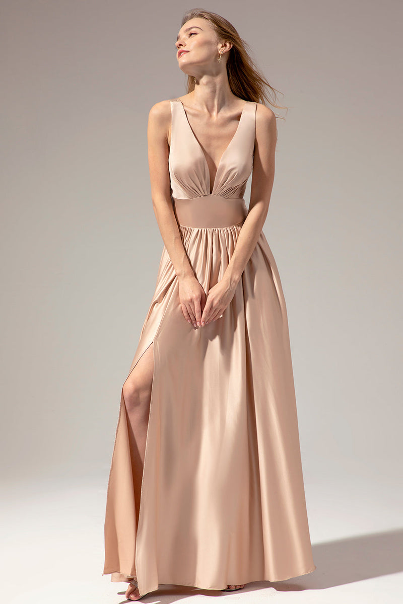 Load image into Gallery viewer, Champagne Satin Long Prom Dress with Slit