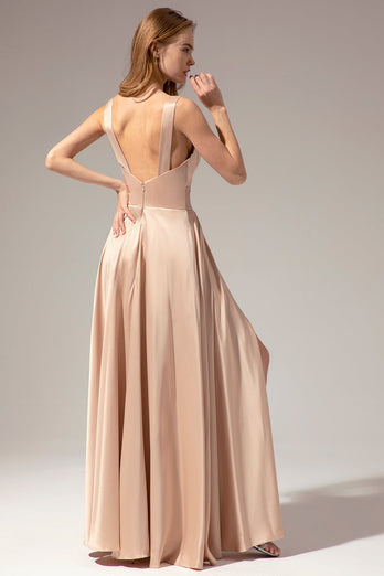 Champagne Satin Long Prom Dress with Slit