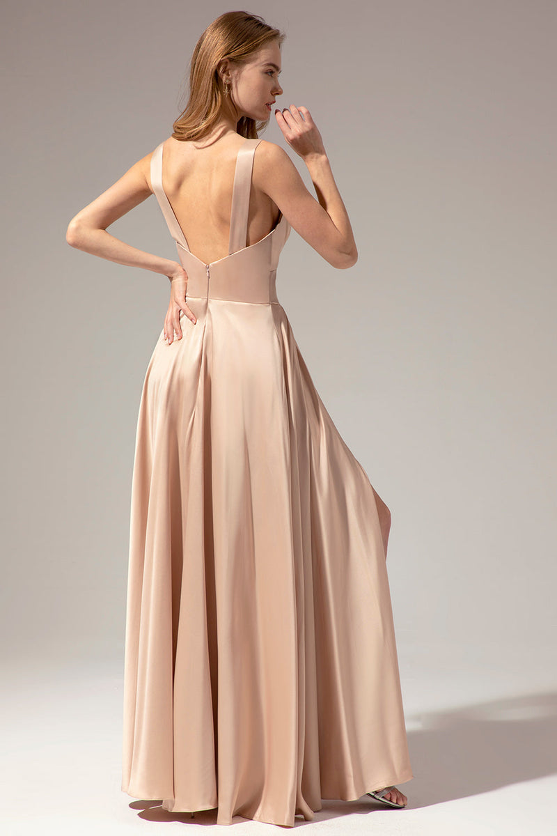 Load image into Gallery viewer, Champagne Satin Long Prom Dress with Slit