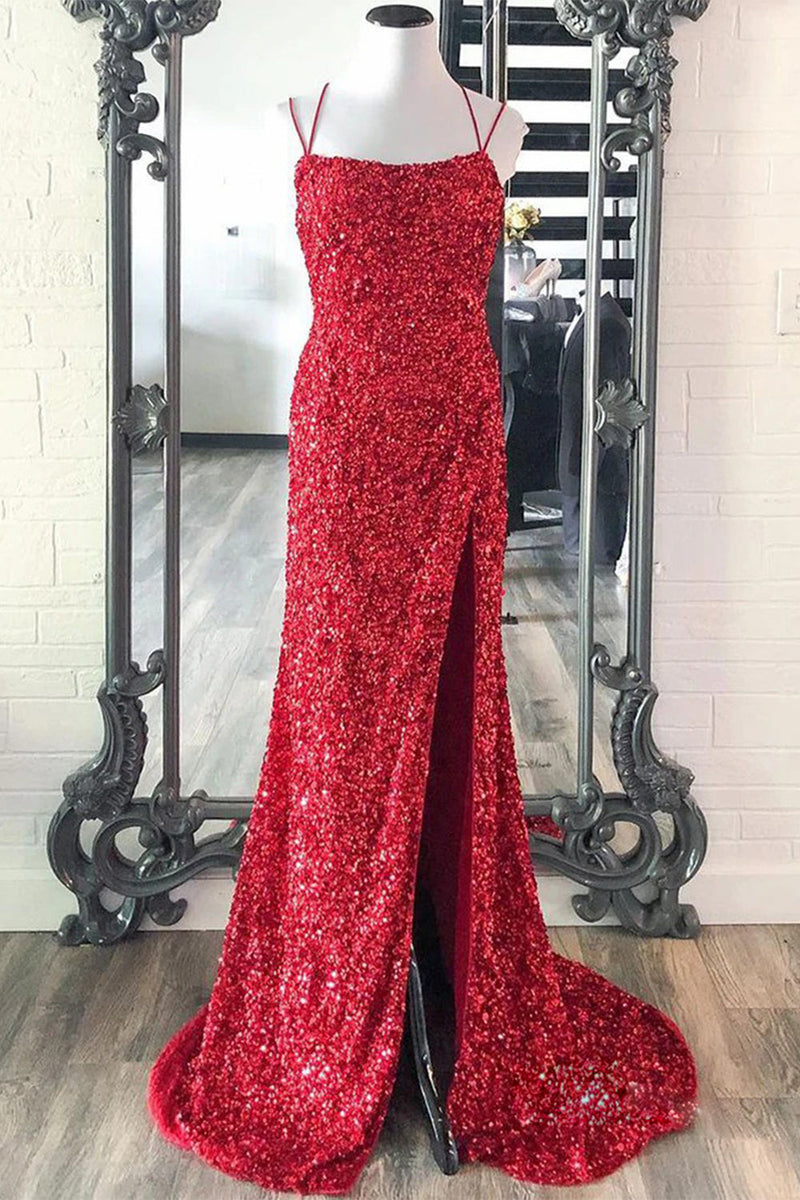 Load image into Gallery viewer, Mermaid Red Sequins Long Prom Dress with Slit