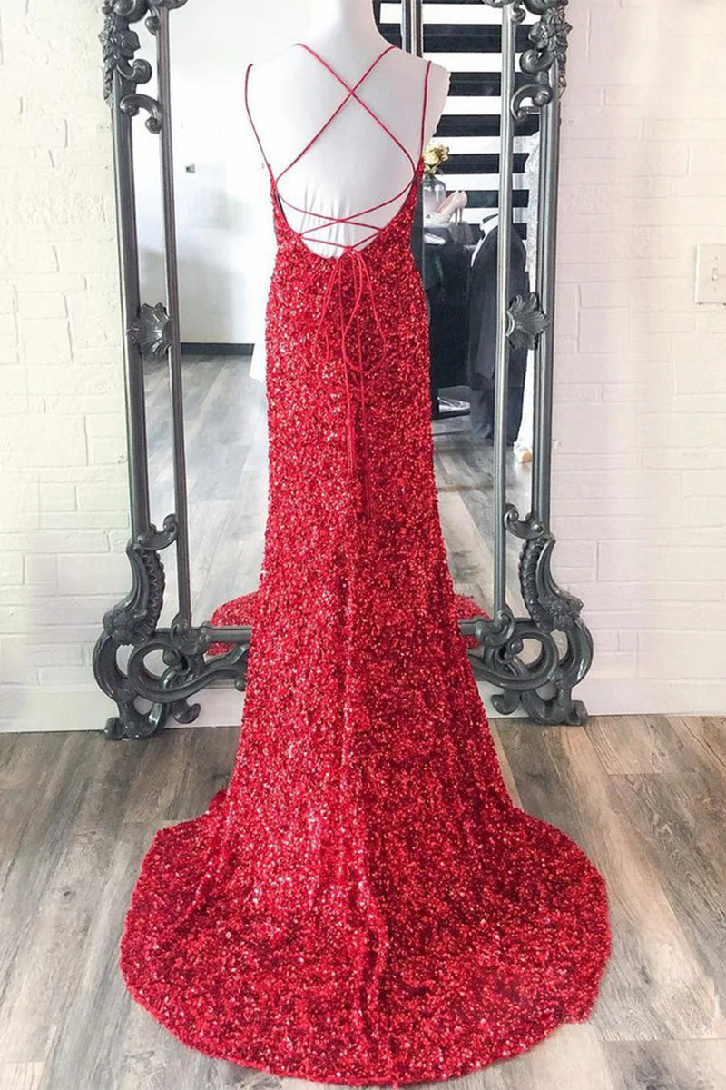 Load image into Gallery viewer, Mermaid Red Sequins Long Prom Dress with Slit